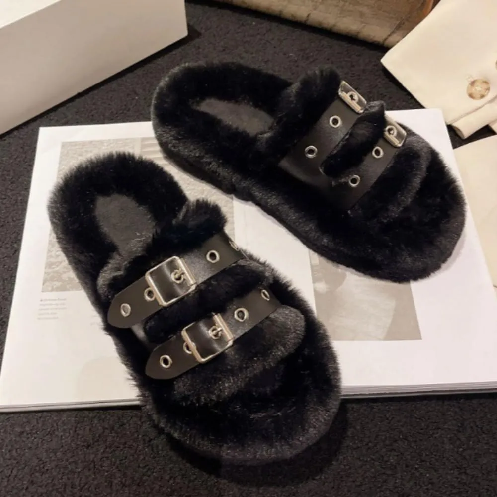 Women's Plush Slippers Warm Cozy Fluffy Soft Bottom Buckle Open Toe Fuzzy Indoor Home Slipper
