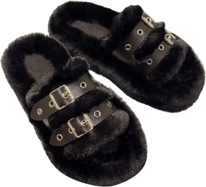 Women's Plush Slippers Warm Cozy Fluffy Soft Bottom Buckle Open Toe Fuzzy Indoor Home Slipper