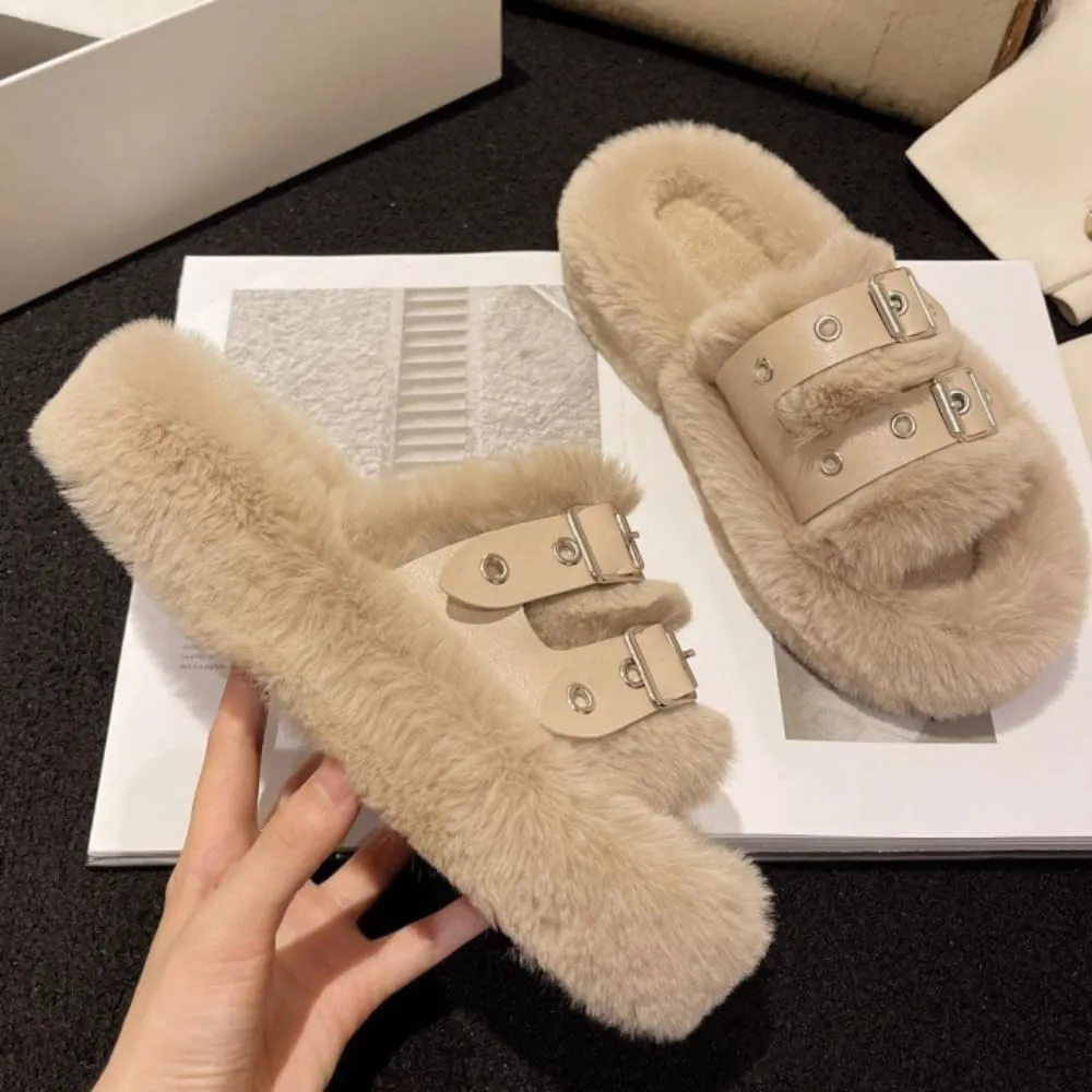 Women's Plush Slippers Warm Cozy Fluffy Soft Bottom Buckle Open Toe Fuzzy Indoor Home Slipper