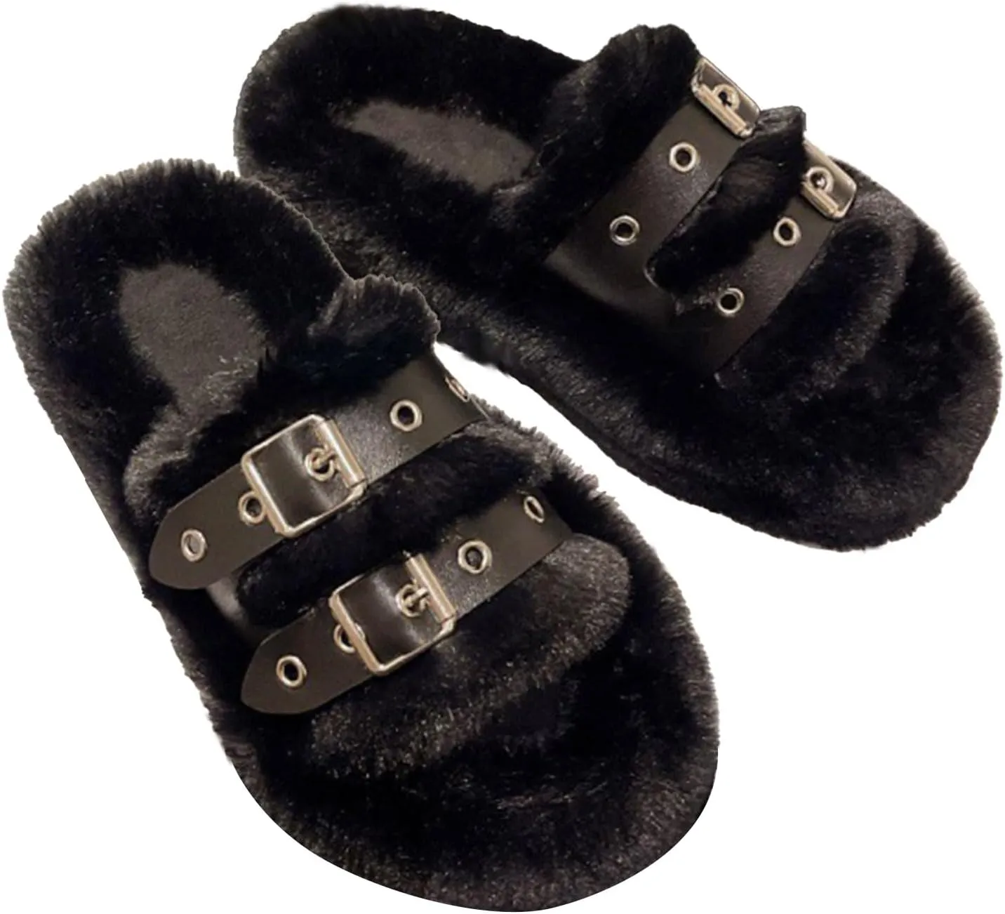 Women's Plush Slippers Warm Cozy Fluffy Soft Bottom Buckle Open Toe Fuzzy Indoor Home Slipper