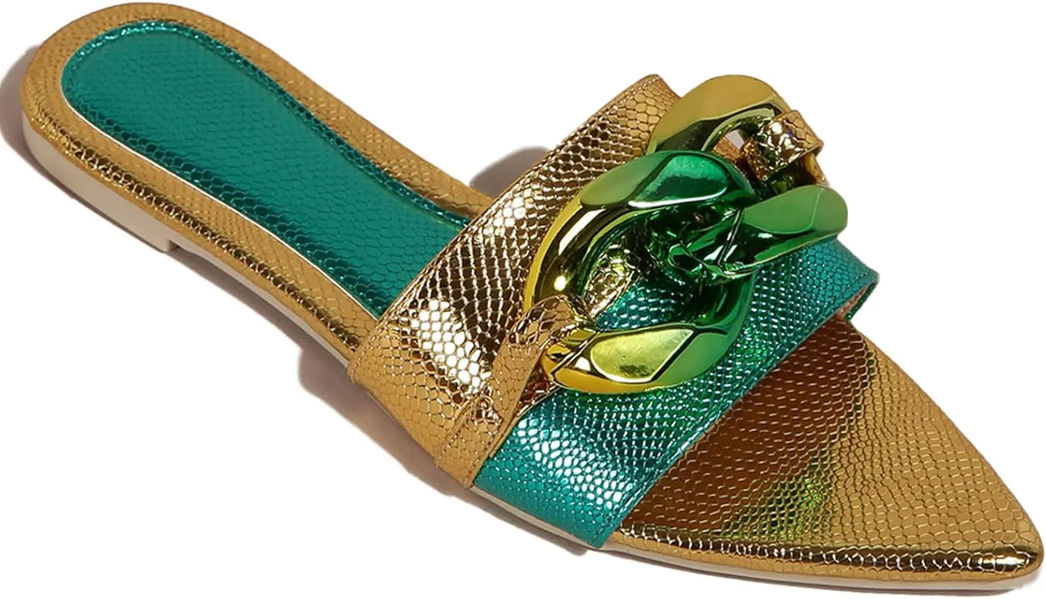 Women's Pointed Open Toe Flat Sandals with Chunky Chain Decor Slip-on Non Slip Beach Slides Sandals Casual Breathable Walking Slippers