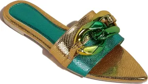 Women's Pointed Open Toe Flat Sandals with Chunky Chain Decor Slip-on Non Slip Beach Slides Sandals Casual Breathable Walking Slippers