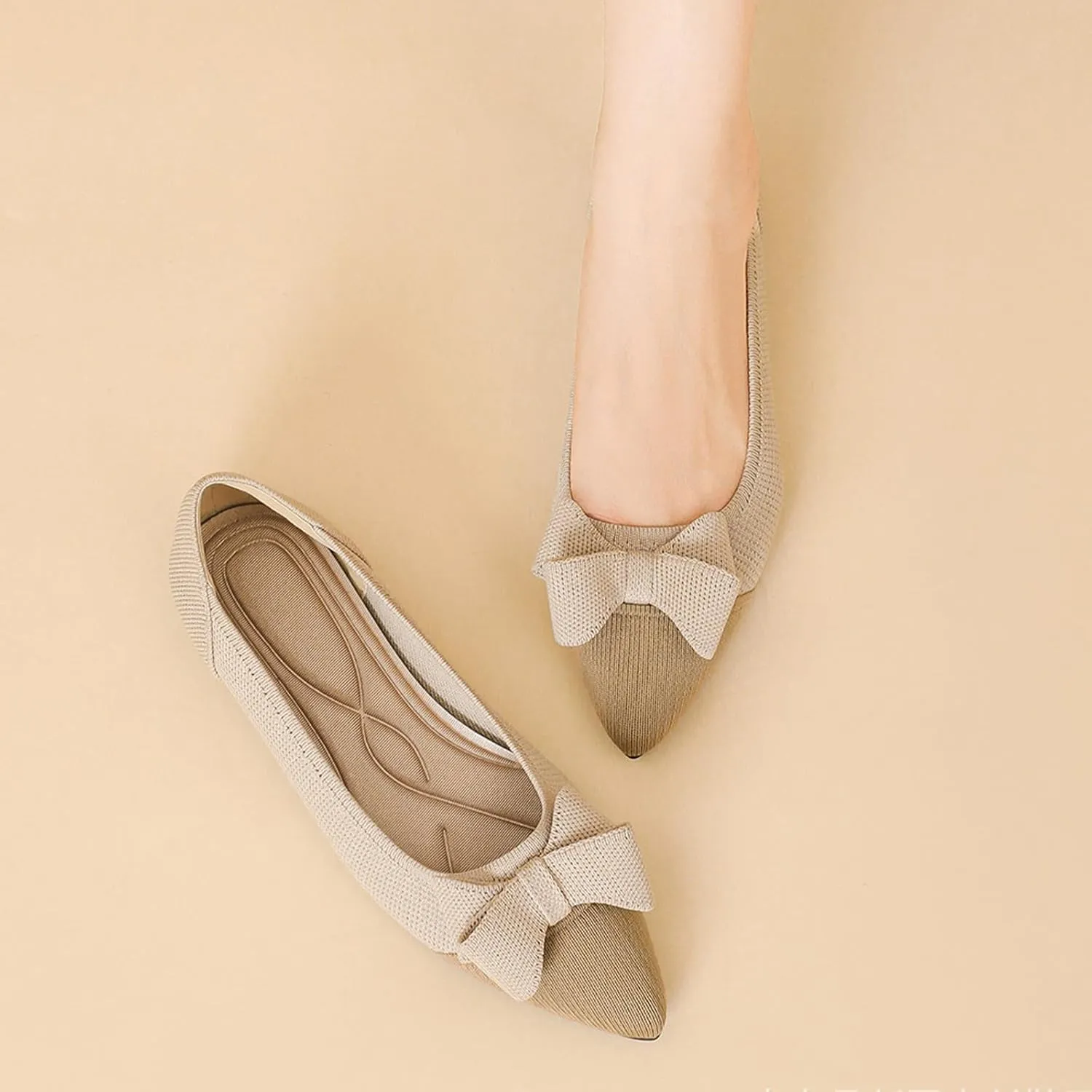 Women's Pointed Toe Knit Bow Ballet Flat Comfortable Breathable Mesh Slip On Work Office Dress Shoes Lightweight Non-Slip Mam Nurse Walking Shoes