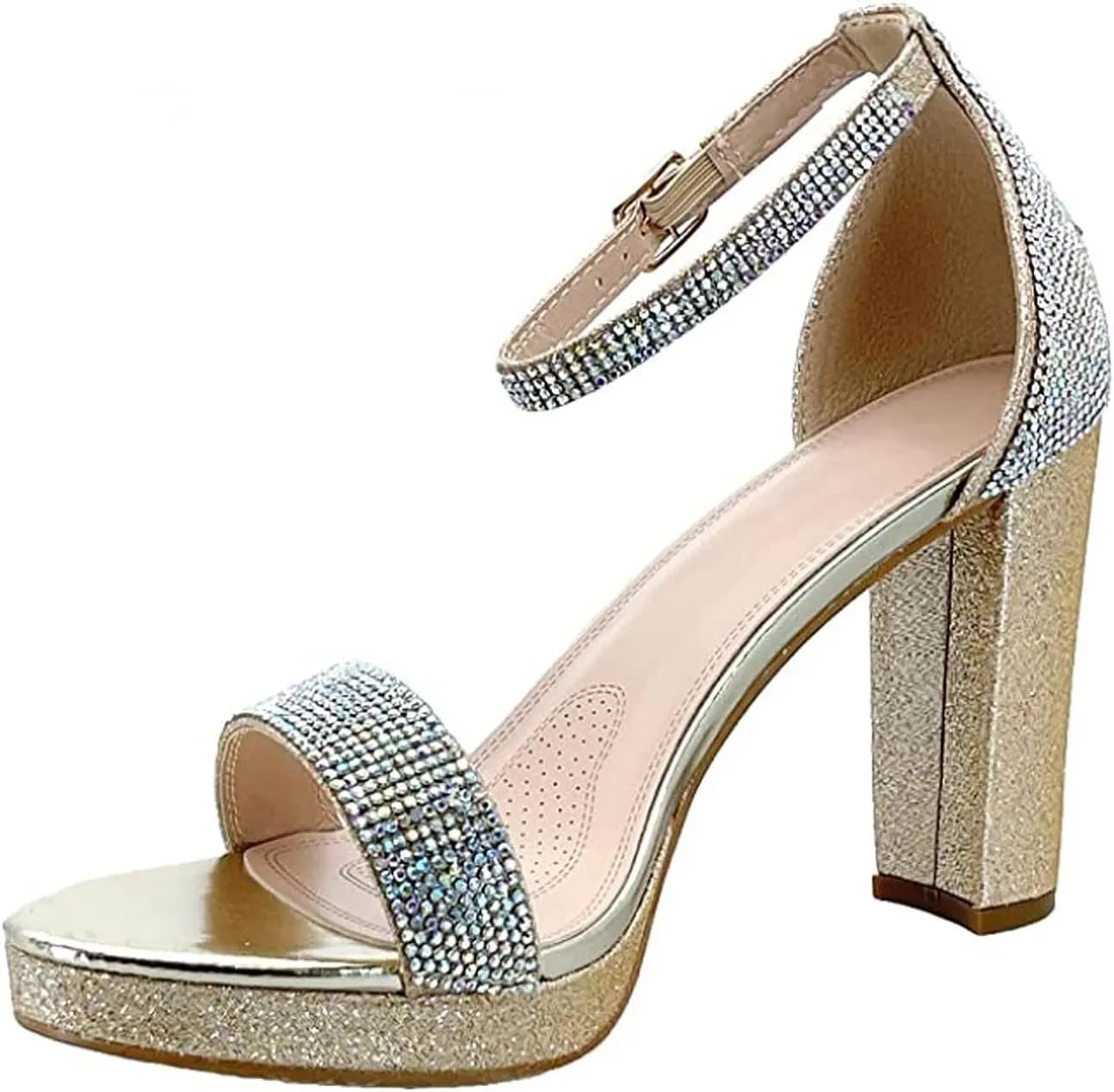 Women's Rhinestone Accent Open Toe Chunky High Heel Low Platform Formal Sandal