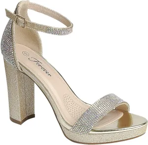 Women's Rhinestone Accent Open Toe Chunky High Heel Low Platform Formal Sandal