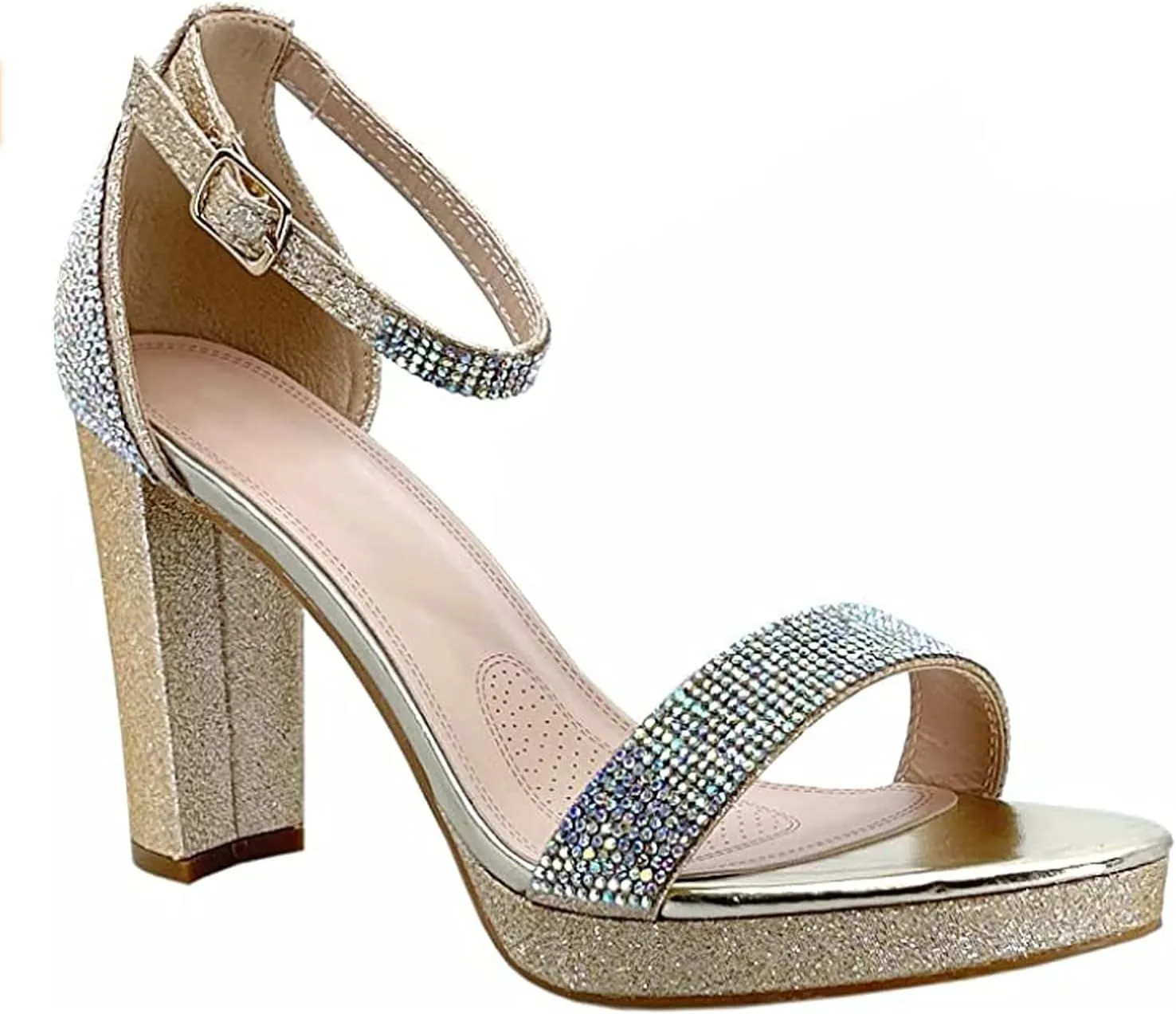 Women's Rhinestone Accent Open Toe Chunky High Heel Low Platform Formal Sandal
