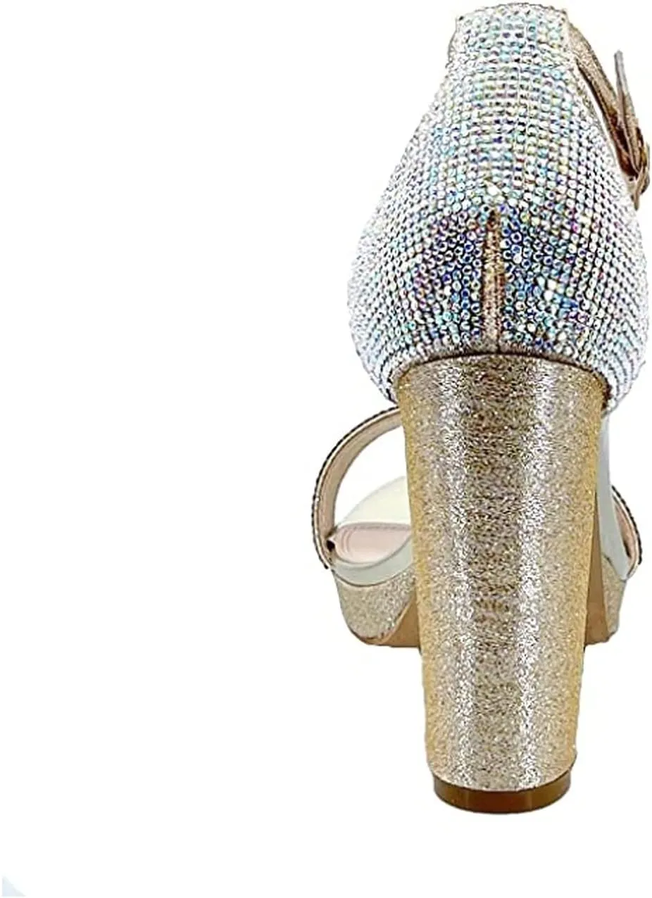 Women's Rhinestone Accent Open Toe Chunky High Heel Low Platform Formal Sandal