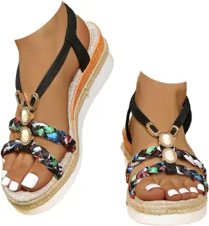 Women's Rhinestone Open Toe High Heel Roman Summer Platform Sandals Summer Low Wedges Comfortable Open Toe Sandals Elastic Ankle Strap Beach Walking Sandals