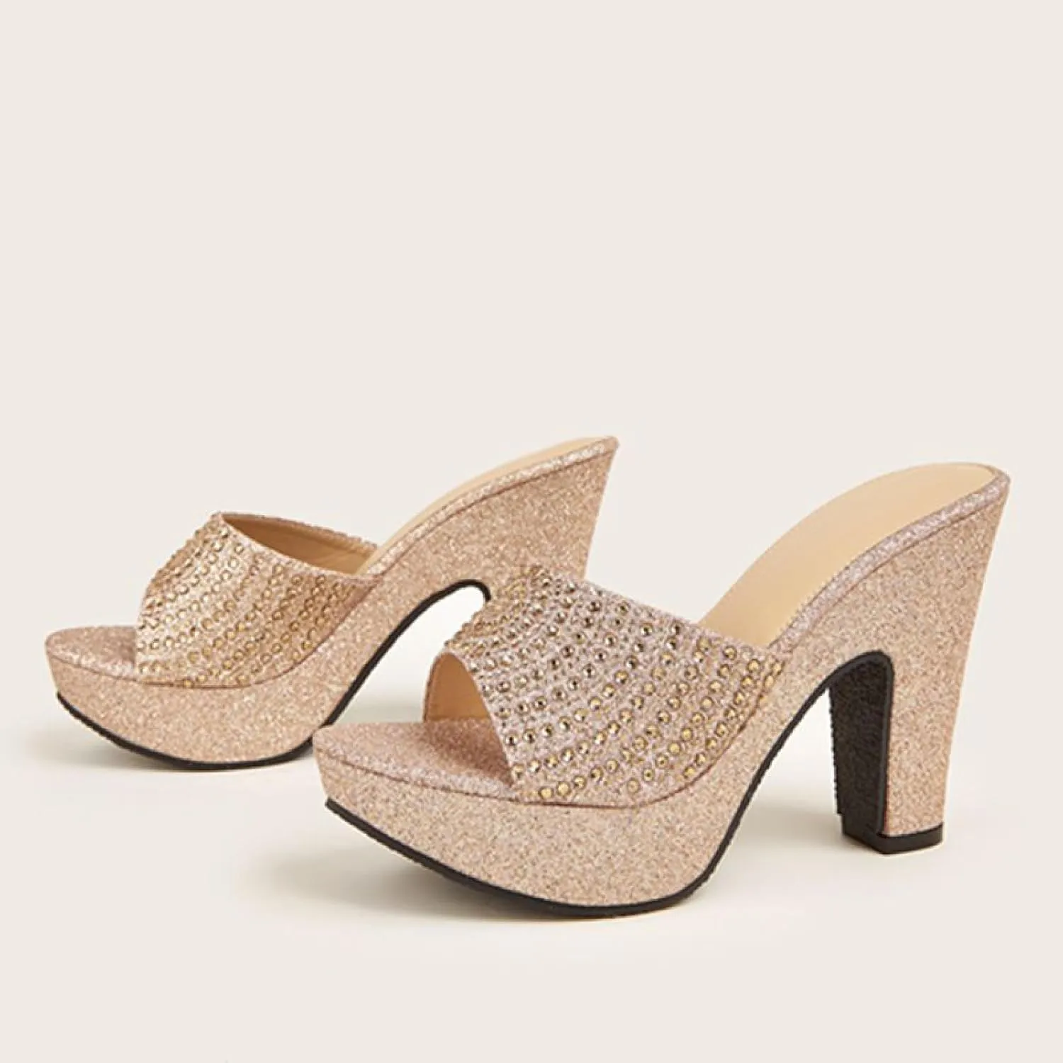 Women's Rhinestones One Strap Chunky Heel Mule Sandals Sexy Pointed Toe Slip On Platform Wedge Fashion Dress Wedding Shoe for Business Party Dating