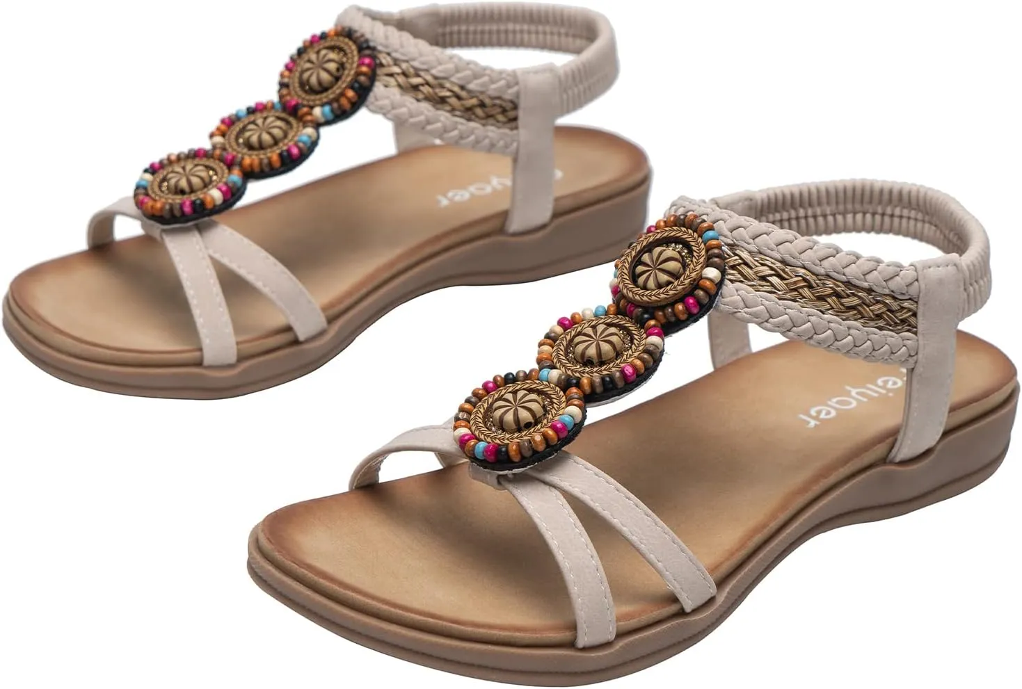 Women's Sandals Bohemia Summer Vintage Beach Flats Beaded Ankle Strappy Sandal Athletic Hiking Sandals Outdoor Walking Sandals