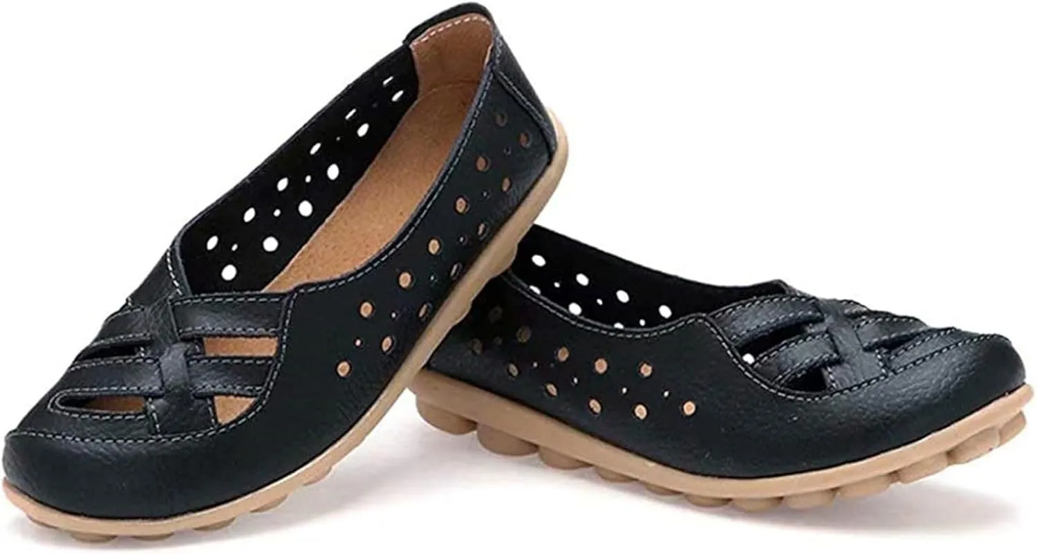 Womens Sandals Fashion Flats Closed Toe Sandals Lightweight Breathable Hollow Out Sandal Comfortable Leather Loafers Cross Walking Flat Shoes Summer Slip-On Shoes