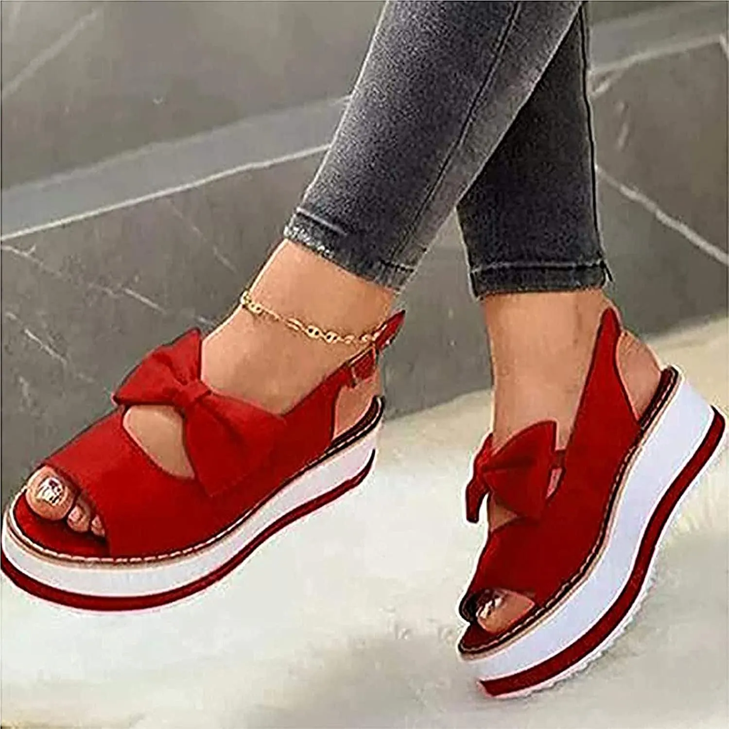 Women's Sandals Wedge Platform Buckle Sandal Summer Beach Front Bow Knot Sandals Summer Open Toe Retro Platform Shoes Beach Shoes,Red,37