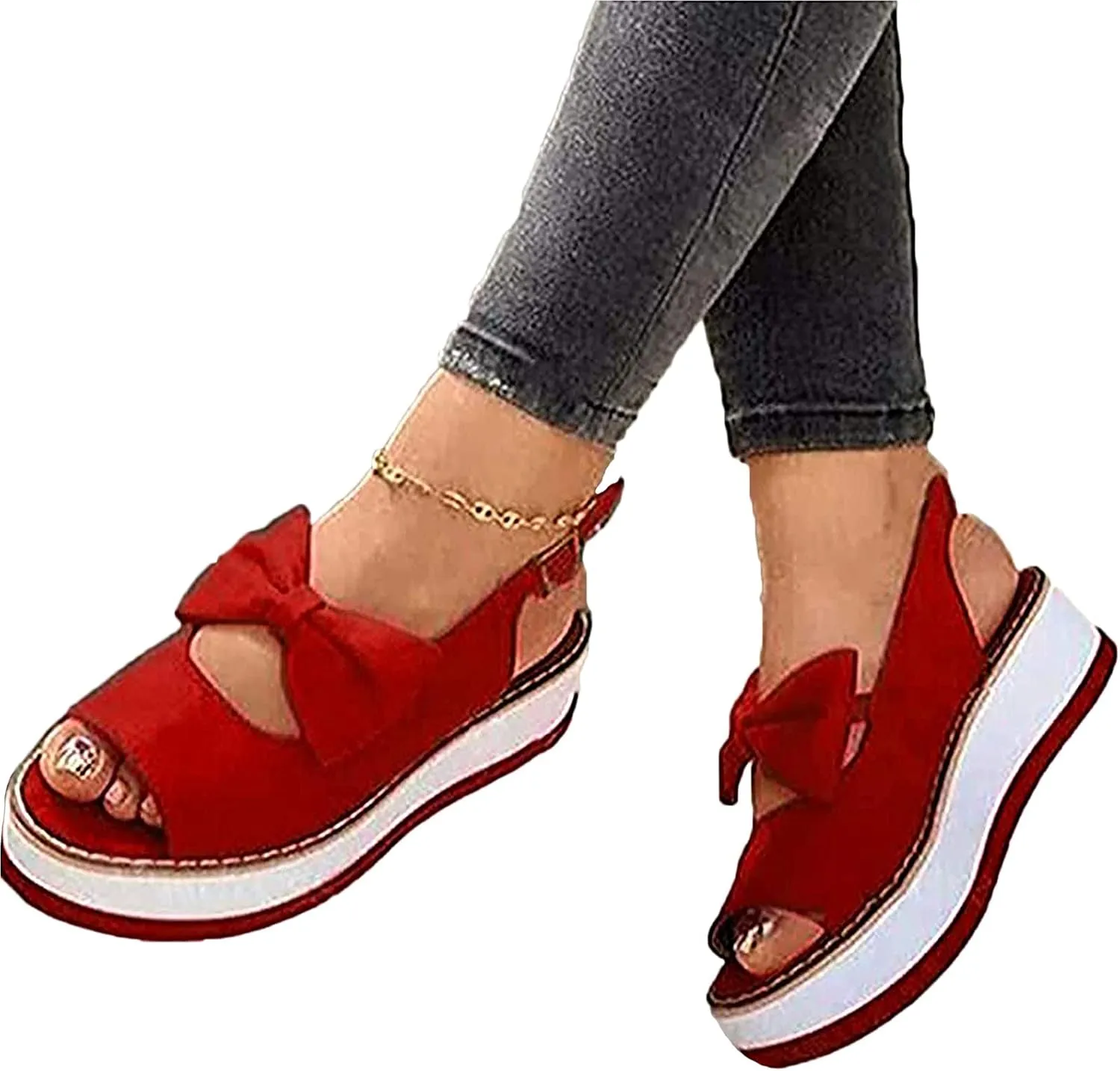 Women's Sandals Wedge Platform Buckle Sandal Summer Beach Front Bow Knot Sandals Summer Open Toe Retro Platform Shoes Beach Shoes,Red,37