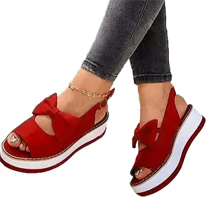 Women's Sandals Wedge Platform Buckle Sandal Summer Beach Front Bow Knot Sandals Summer Open Toe Retro Platform Shoes Beach Shoes,Red,37