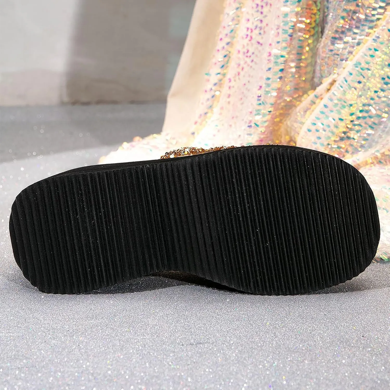 Women'S Sequin Round Open Toe Platform chunky heel Slide Sandals Fashion Glitter Slip On Comfortable Wedge Dress Mule Sandals Summer Outdoor Casual Anti-Slip Beach Walking Slipper Shoes