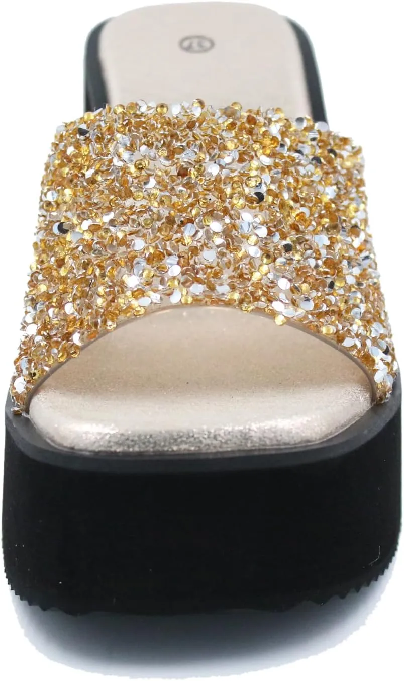 Women'S Sequin Round Open Toe Platform chunky heel Slide Sandals Fashion Glitter Slip On Comfortable Wedge Dress Mule Sandals Summer Outdoor Casual Anti-Slip Beach Walking Slipper Shoes