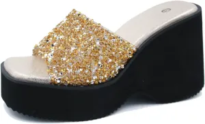 Women'S Sequin Round Open Toe Platform chunky heel Slide Sandals Fashion Glitter Slip On Comfortable Wedge Dress Mule Sandals Summer Outdoor Casual Anti-Slip Beach Walking Slipper Shoes