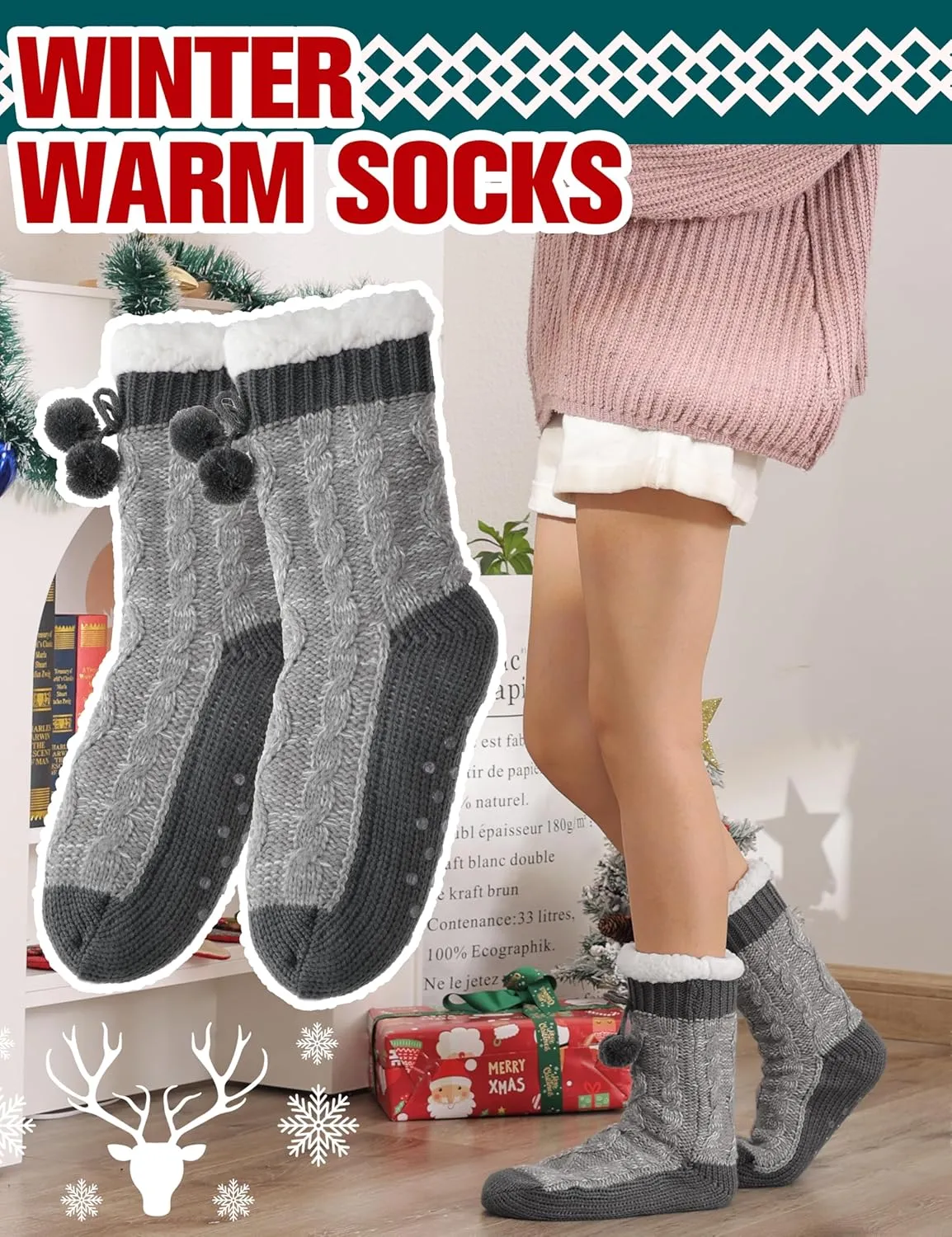 Womens Slipper Fuzzy Grips Socks Fluffy Winter Warm Thick Thermal Cozy Plush Non Slip Cabin Soft Fleece Socks