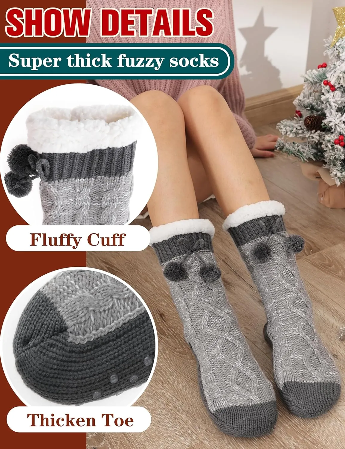Womens Slipper Fuzzy Grips Socks Fluffy Winter Warm Thick Thermal Cozy Plush Non Slip Cabin Soft Fleece Socks