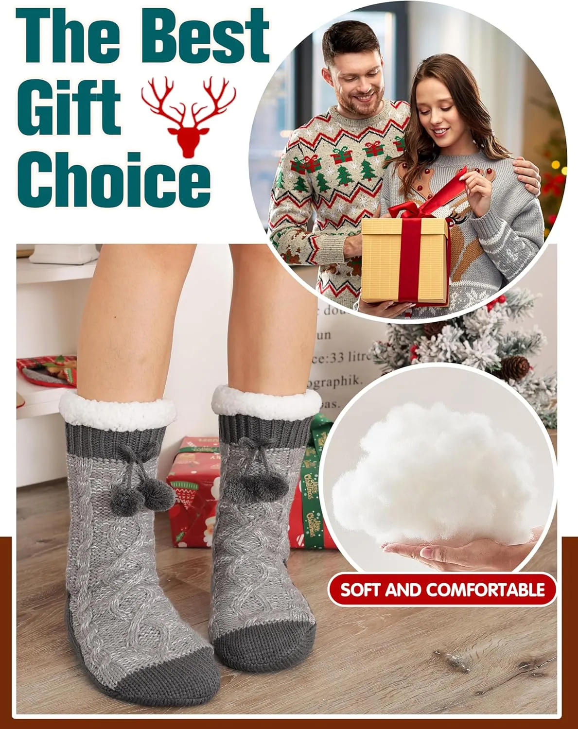 Womens Slipper Fuzzy Grips Socks Fluffy Winter Warm Thick Thermal Cozy Plush Non Slip Cabin Soft Fleece Socks