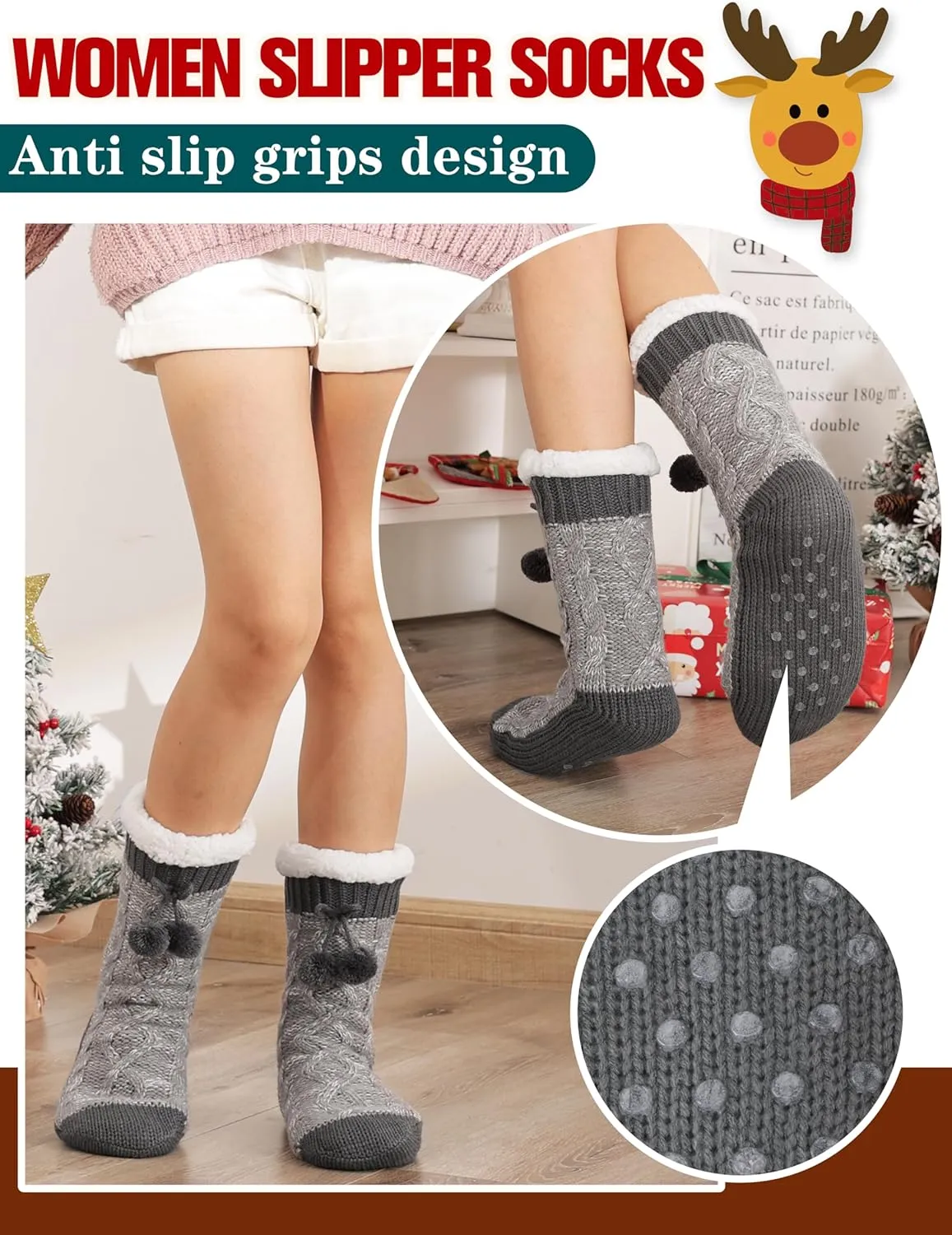 Womens Slipper Fuzzy Grips Socks Fluffy Winter Warm Thick Thermal Cozy Plush Non Slip Cabin Soft Fleece Socks