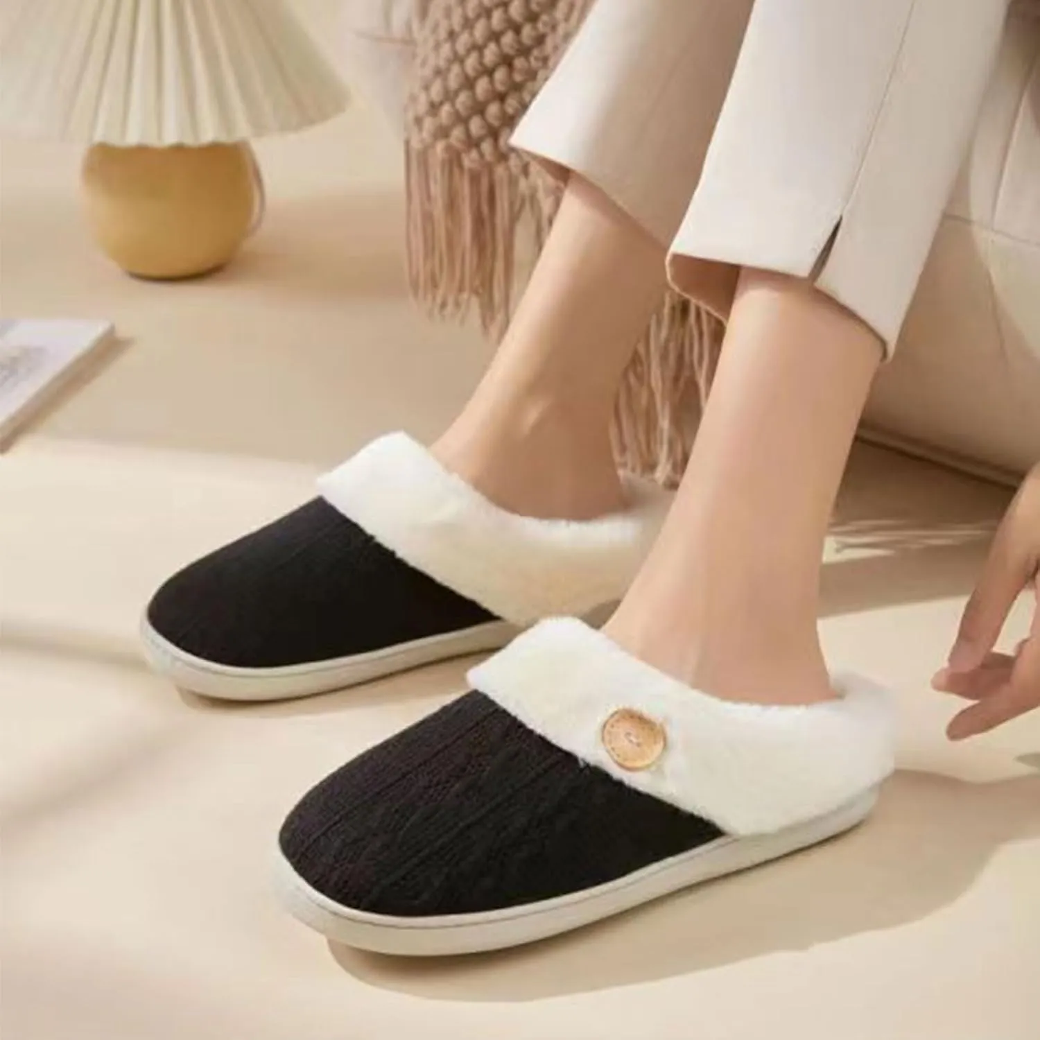 Womens Slipper Warm Comfy Memory Foam House Shoes Knit Slippers with Faux Fur Lining Warm Bedroom Cozy Slippers for Indoor and Outdoor