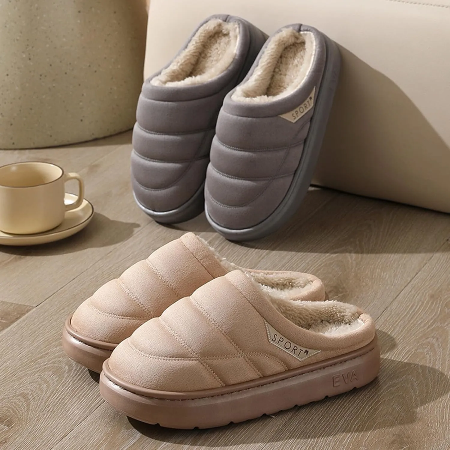 Womens Slippers Fur Fleece Lined Non Slip Slipper Sort Sole Flat Slipper Slip On Bedroom Slippers for Men Indoor