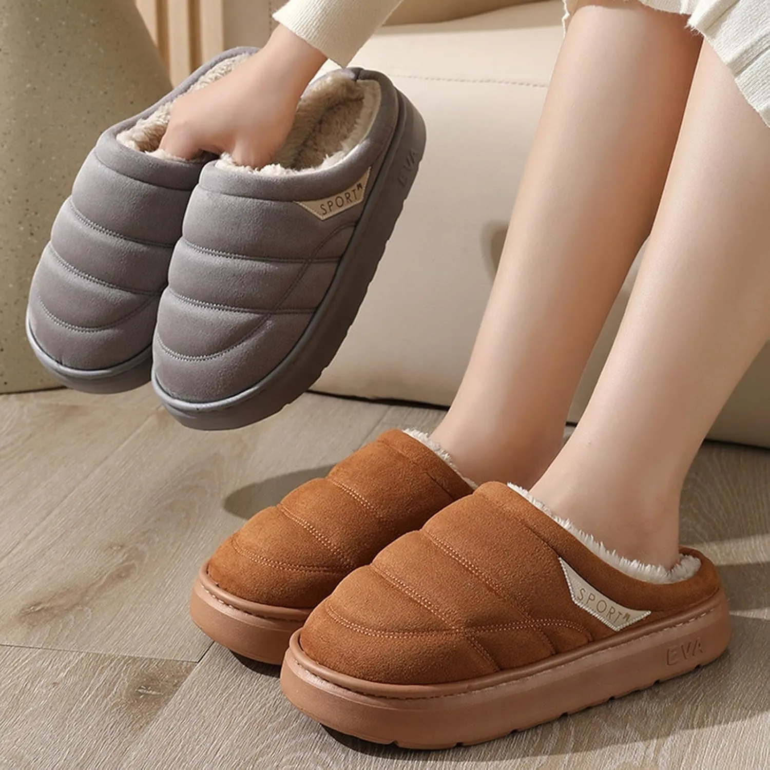 Womens Slippers Fur Fleece Lined Non Slip Slipper Sort Sole Flat Slipper Slip On Bedroom Slippers for Men Indoor