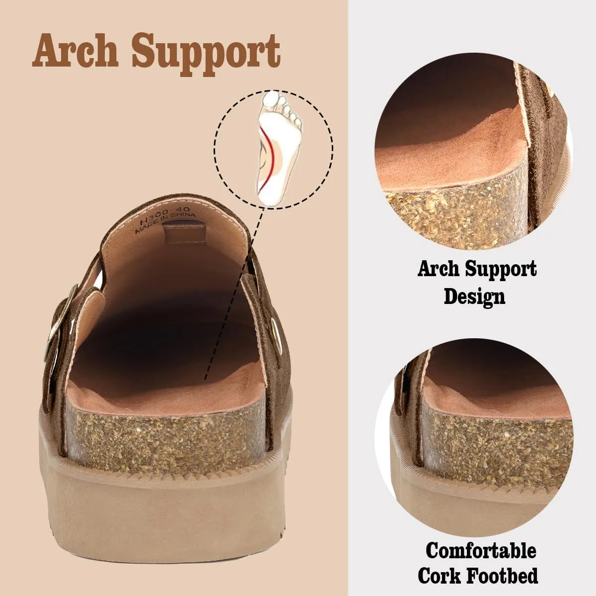 Women's Suede Clogs Leather Mules Comfort Cork Footbed Platform Clogs Adjustable Buckle Slip On Sandals Potato Shoes with Arch Support