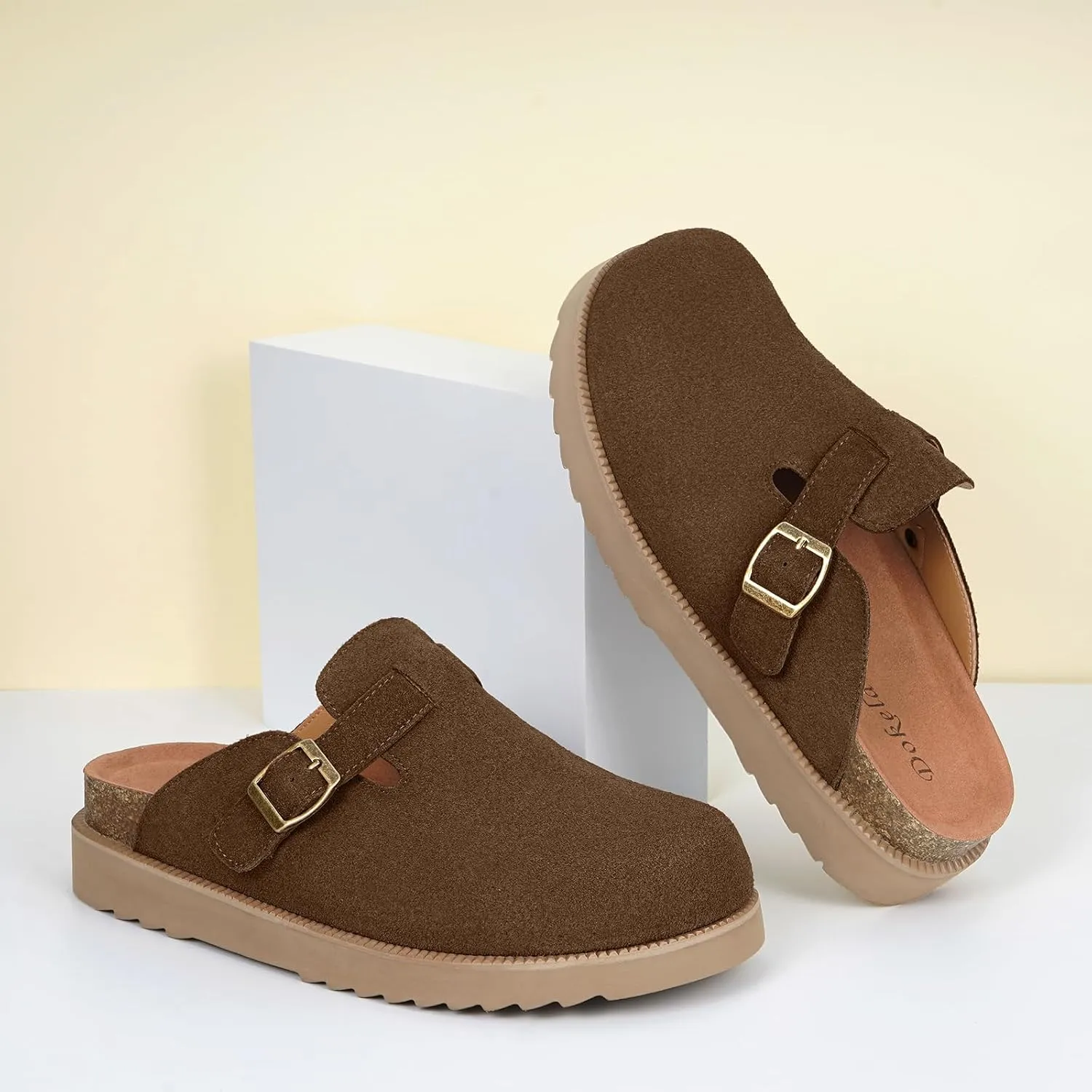 Women's Suede Clogs Leather Mules Comfort Cork Footbed Platform Clogs Adjustable Buckle Slip On Sandals Potato Shoes with Arch Support