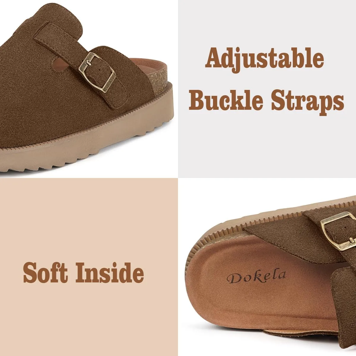 Women's Suede Clogs Leather Mules Comfort Cork Footbed Platform Clogs Adjustable Buckle Slip On Sandals Potato Shoes with Arch Support