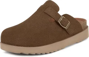 Women's Suede Clogs Leather Mules Comfort Cork Footbed Platform Clogs Adjustable Buckle Slip On Sandals Potato Shoes with Arch Support