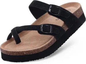 Women's Suede Platform Sandals Cork Footbed Adjustable Comfortable Support Summer Slides, Black 38