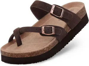 Women's Suede Platform Sandals Cork Footbed Adjustable Comfortable Support Summer Slides, Brown 40 (Size 9)