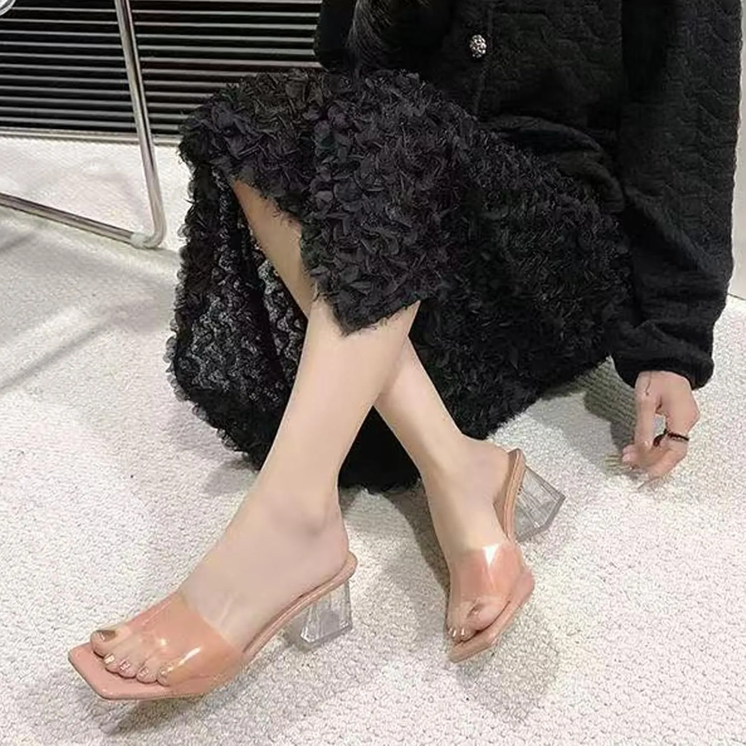 Women's Transparent Square Head Open Toe Chunky Heel High Heels Sandals Fashion Backless Non-Slip Transparent Low Block Heel Mules Heeled Slipper Sexy Dress Slip-On Formal Shoes