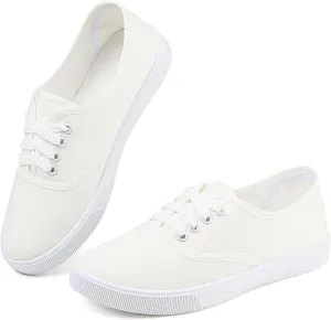 Womens White Canvas Sneakers Lightweight Lace Up Fashion Comfortable Canvas Shoes Low Top Slip On Casual Tennis Walking Shoes Women Footwear