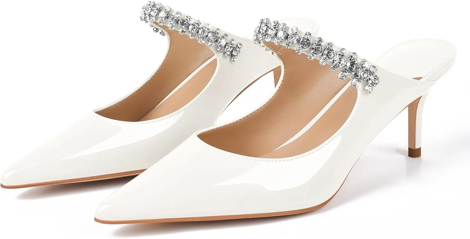 XINIUNIU Heeled Mules for Women Rhinestone Heels Pointed Toe Slip On 2.5 Inch Kitten Stiletto Closed Toe Sandals Dress Wedding Pump Shoes