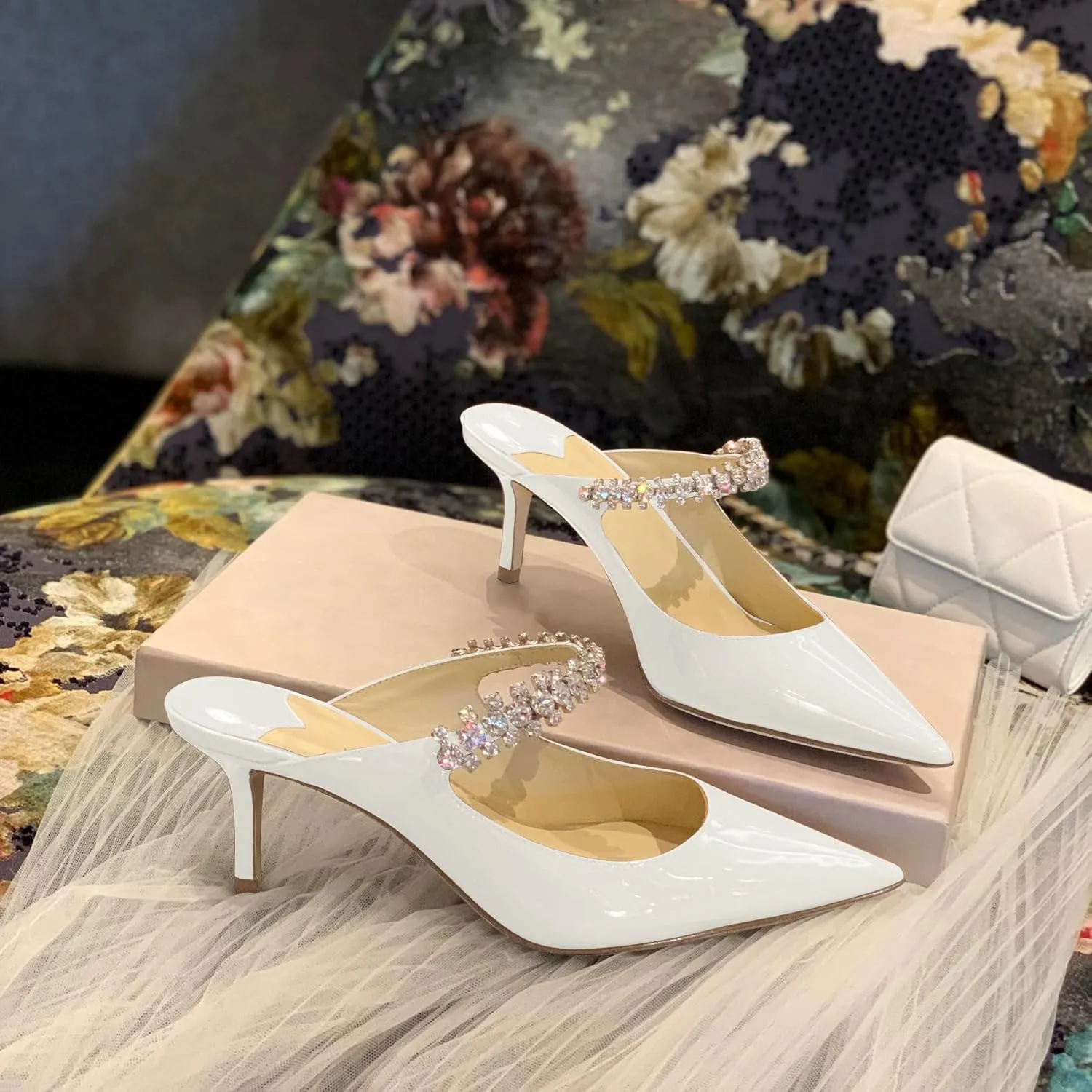 XINIUNIU Heeled Mules for Women Rhinestone Heels Pointed Toe Slip On 2.5 Inch Kitten Stiletto Closed Toe Sandals Dress Wedding Pump Shoes