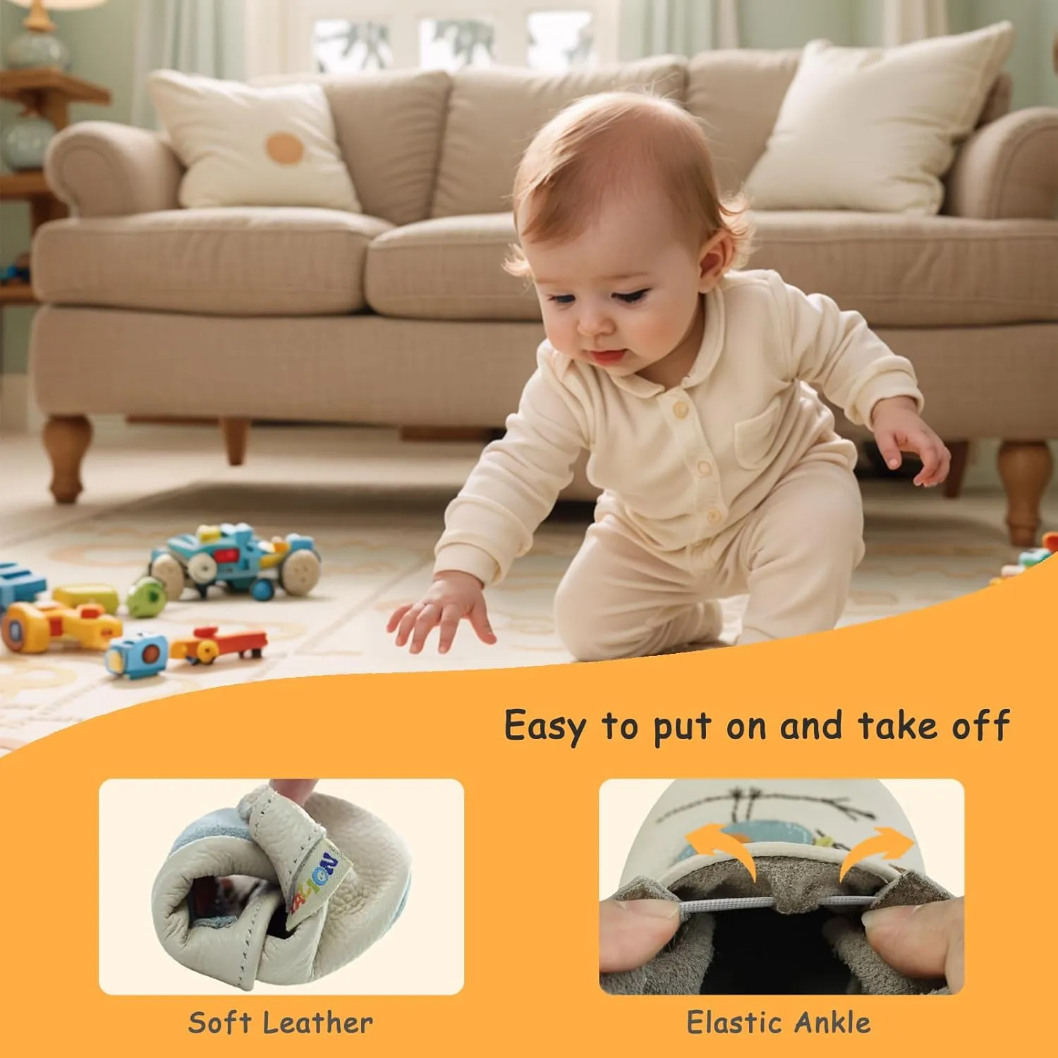 YALION Soft Leather Baby Shoes Moccasins Slip-on Boys Girls Slippers with Elastic Ankle, Anti-Slip First Walking Crib Shoes for Infant Toddlers