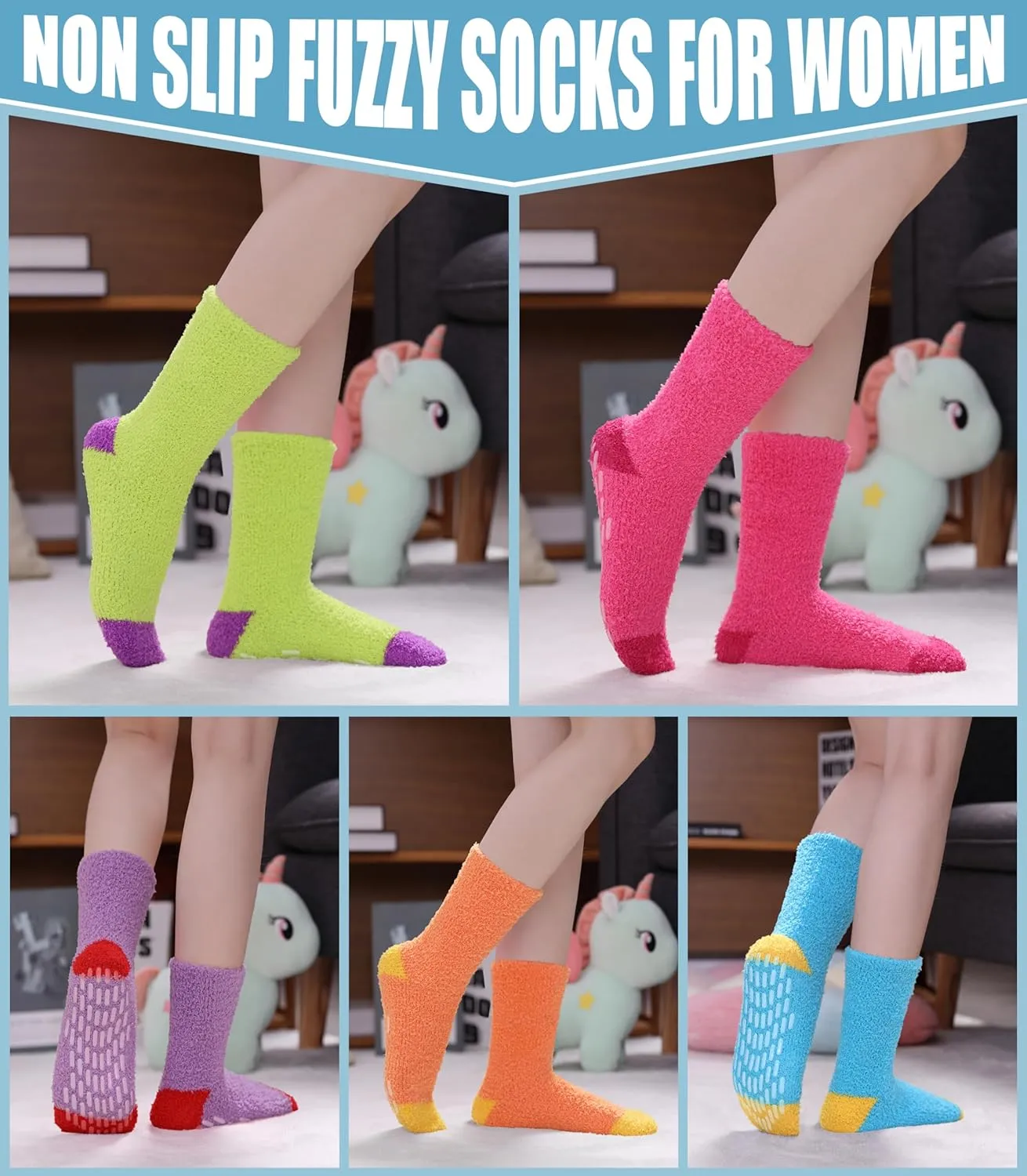 Yebing Non Slip Hospital Socks for Women with Grips Fuzzy Cozy Anti Skid Slipper Socks Winter Warm Soft Fluffy Sleep Socks