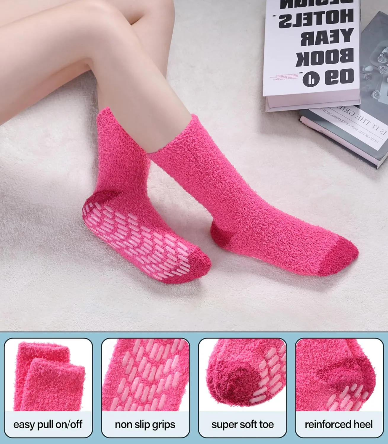 Yebing Non Slip Hospital Socks for Women with Grips Fuzzy Cozy Anti Skid Slipper Socks Winter Warm Soft Fluffy Sleep Socks