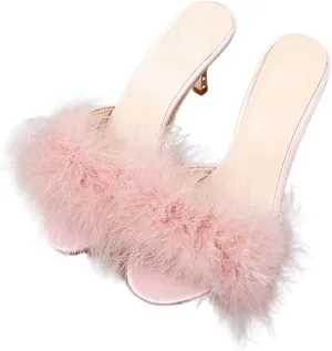 YIBLBOX Women's Round Toe Sandal Fluffy Feather Sexy Slippers Kitten Heeled Slippers