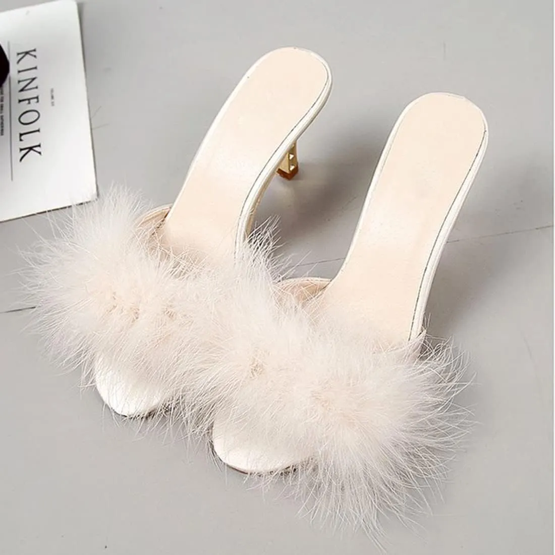 YIBLBOX Women's Round Toe Sandal Fluffy Feather Sexy Slippers Kitten Heeled Slippers