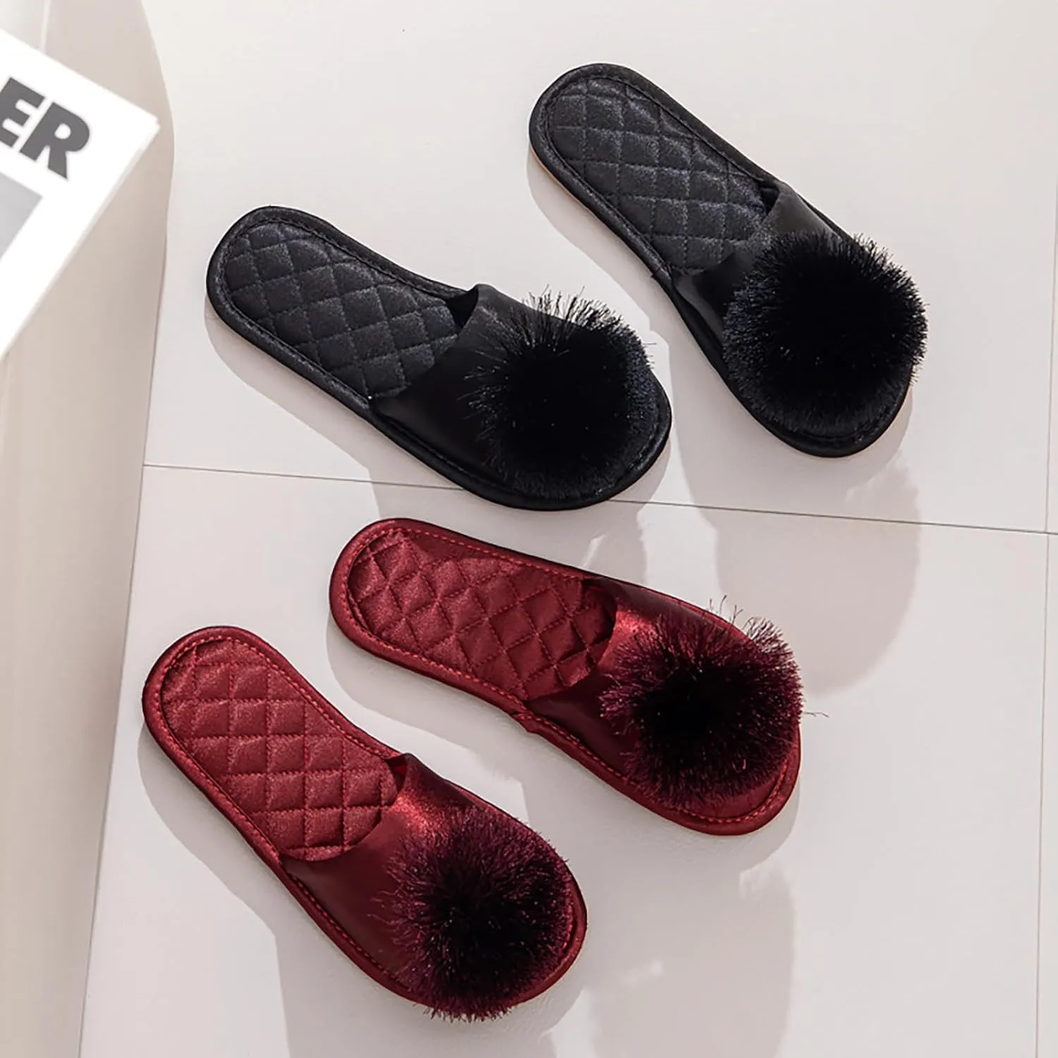 YIBLBOX Women's Tassel Pom Pom Slippers Ladies Sexy Cozy Bedroom Slipper Non-slip Sole Flat Sandal for Indoor Outdoor