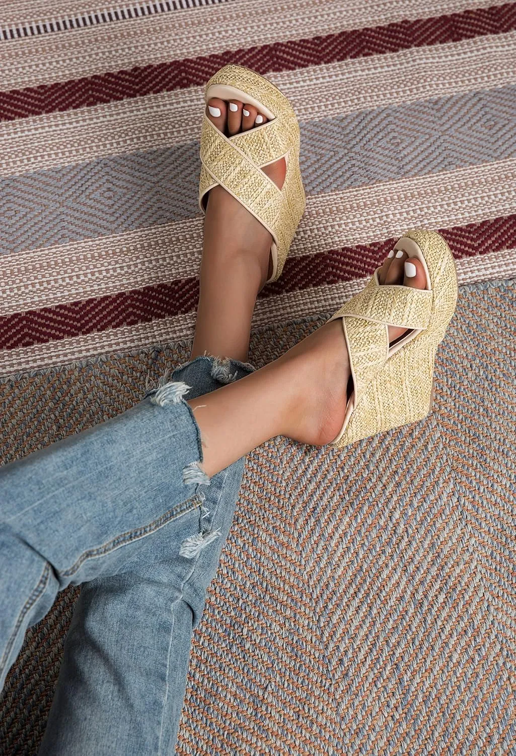 YooPrettyz Women Woven Jute Braids Platform Sandal Shoes Crisscross Straps Summer Espadrille Wedge Heels