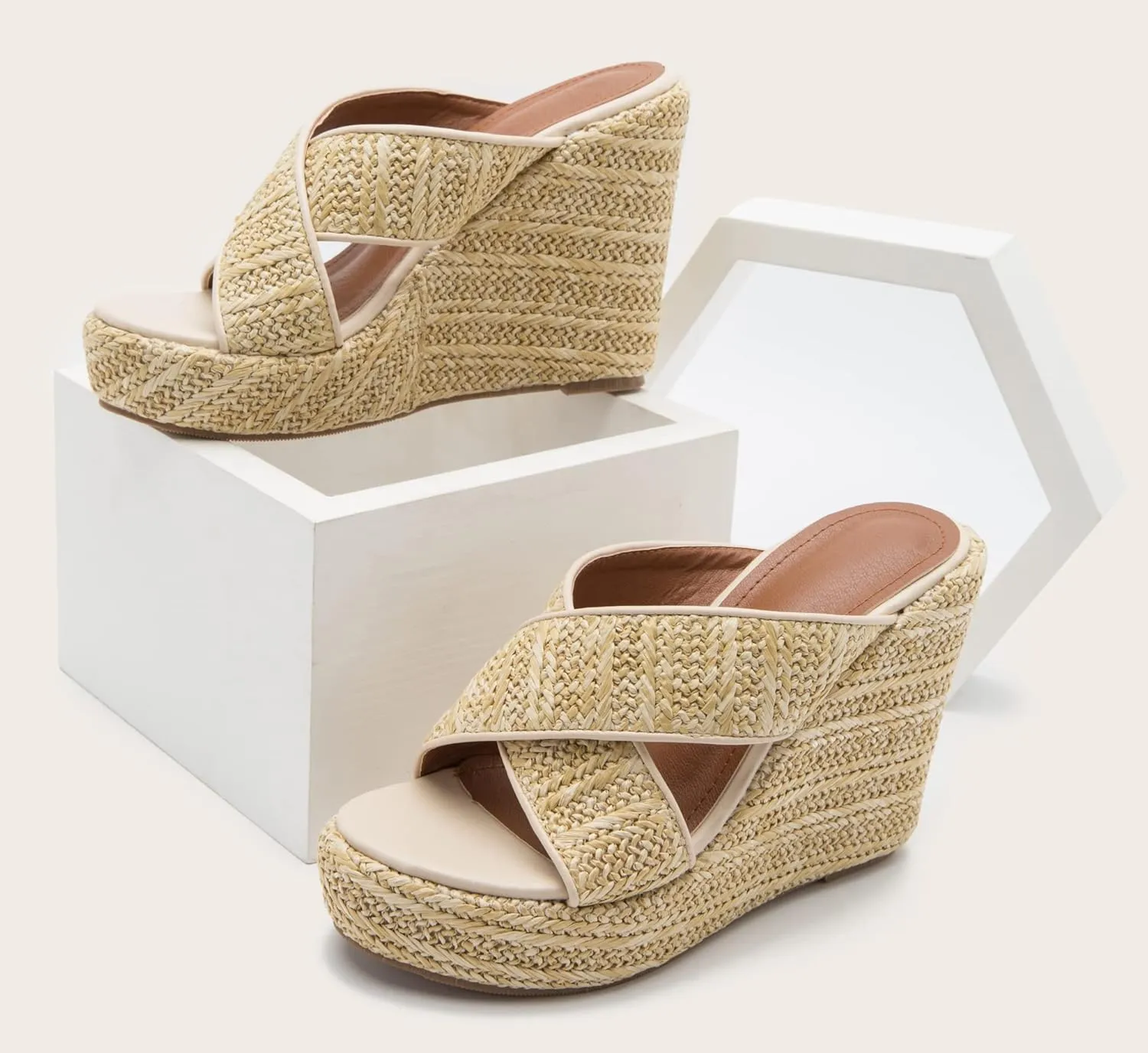 YooPrettyz Women Woven Jute Braids Platform Sandal Shoes Crisscross Straps Summer Espadrille Wedge Heels
