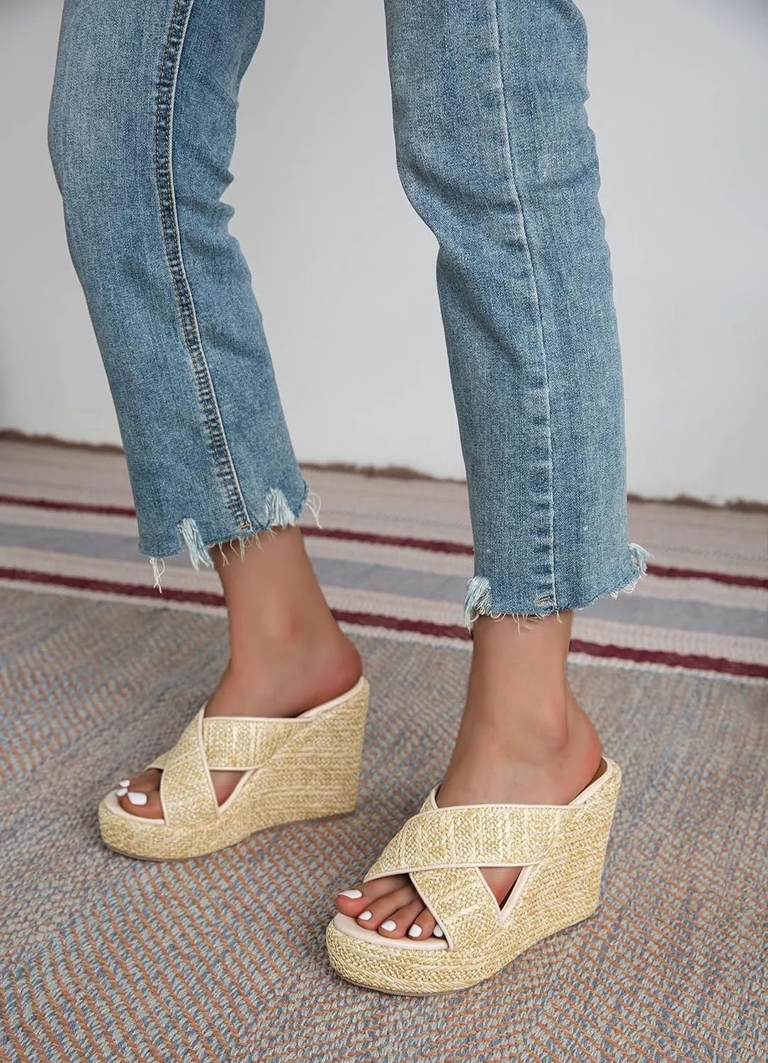 YooPrettyz Women Woven Jute Braids Platform Sandal Shoes Crisscross Straps Summer Espadrille Wedge Heels