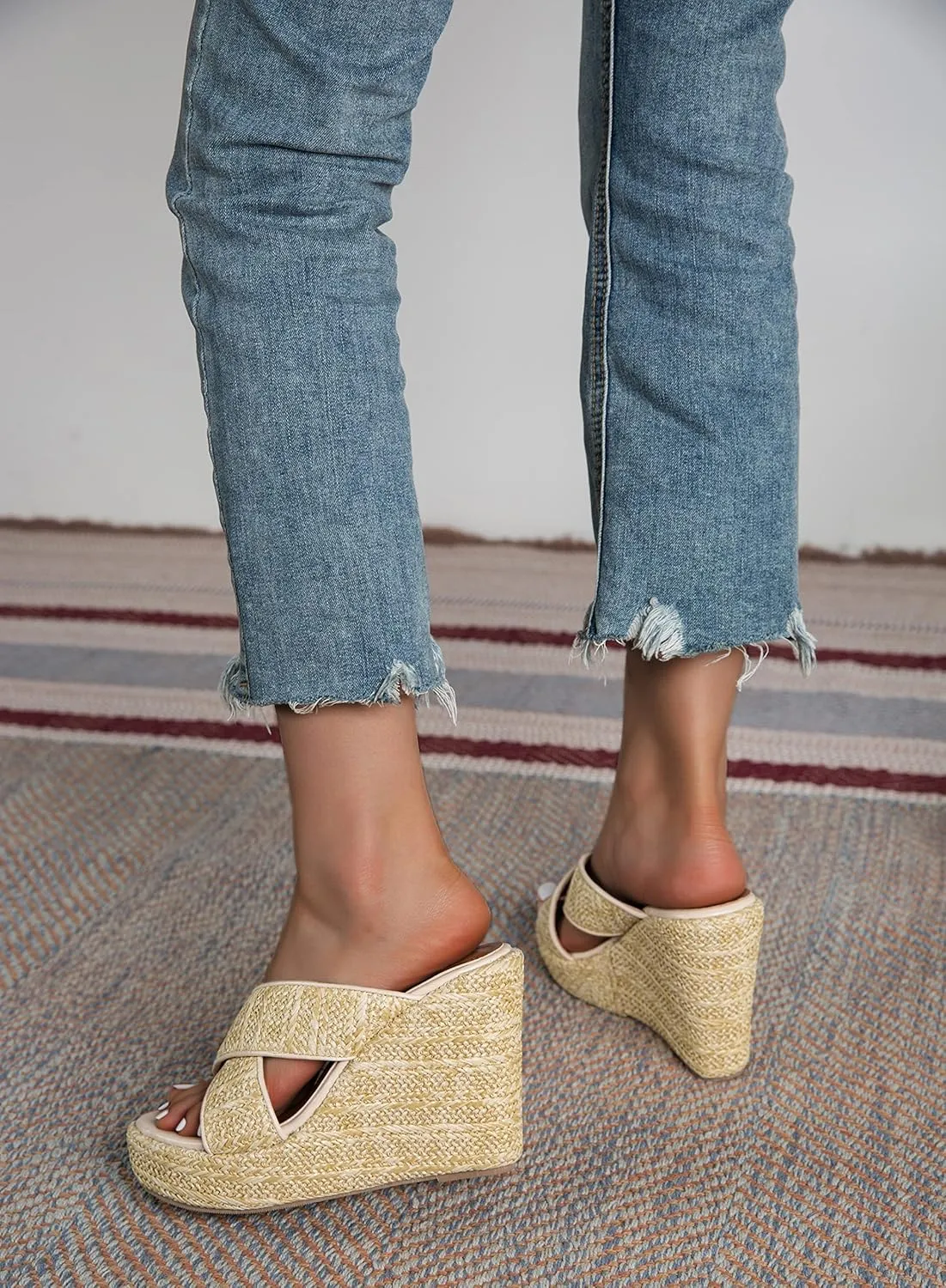 YooPrettyz Women Woven Jute Braids Platform Sandal Shoes Crisscross Straps Summer Espadrille Wedge Heels