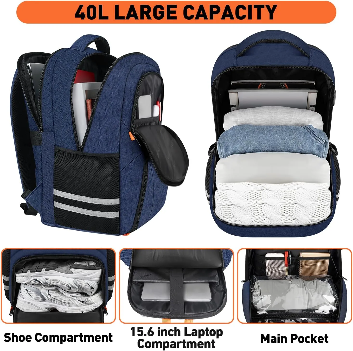 Ytonet Gym Backpack for Men Women, Travel Backpack with USB Charging Port, Water Resistant Lightweight Workout Gym Bag Fit 15.6 Inch Laptop, Sports, Camping, Hiking, Dark Blue