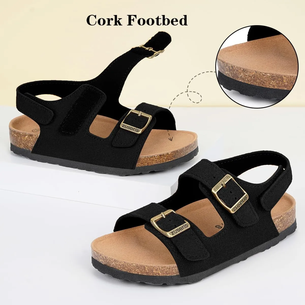 ZUSERIS Kids Toddler Sandals Boys Girls Cork Footbed Sandal Comfort Double Buckle Slip On Slippers with Adjustable Back Strap